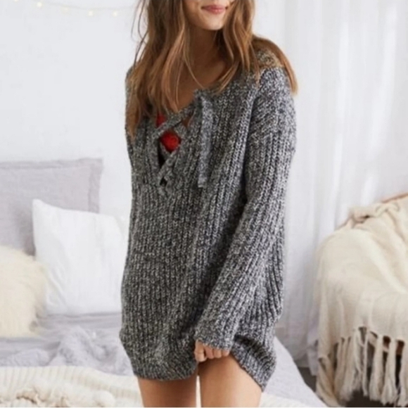 Aerie Knit Sweater Lace Up V-Neck Grey White Multi-Color Rainbow Thread, Size XS - Picture 1 of 13